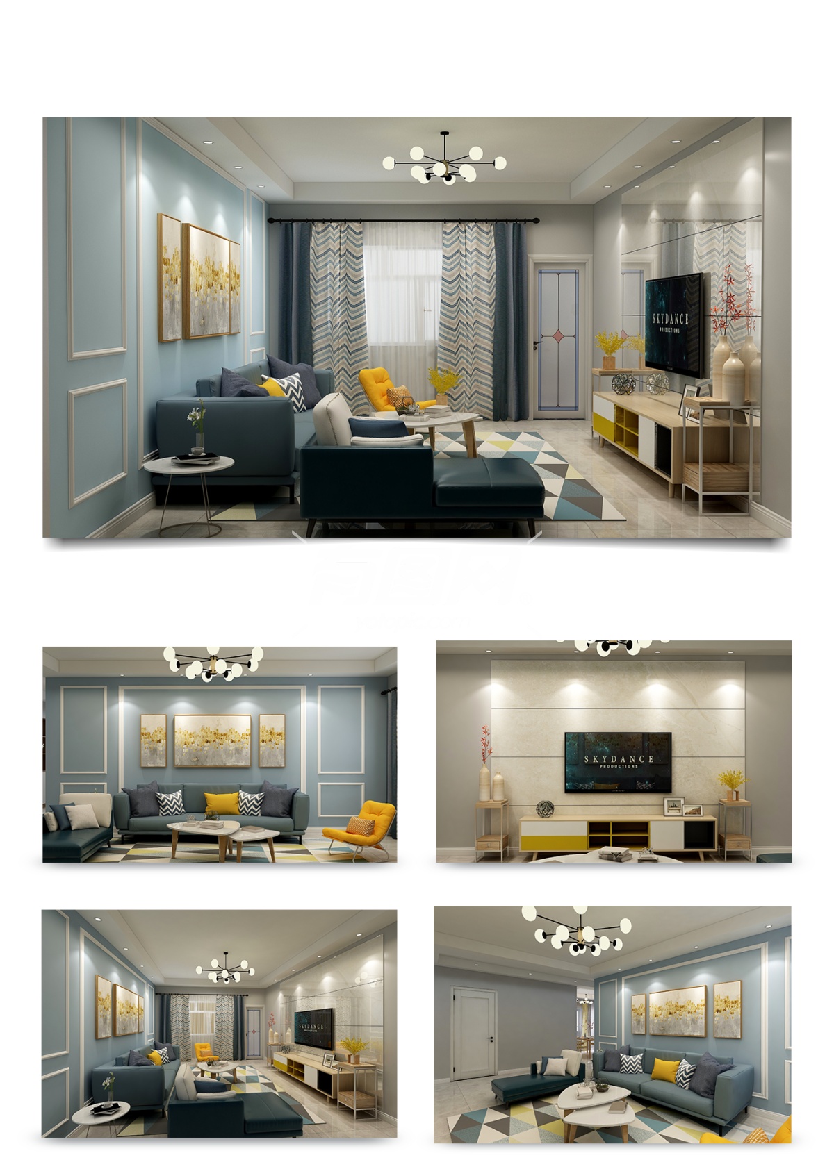 现代风格冷灰蓝色室内客厅效果图