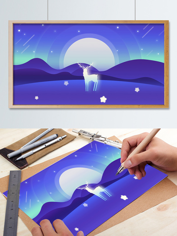 月光下的小鹿水彩画图片