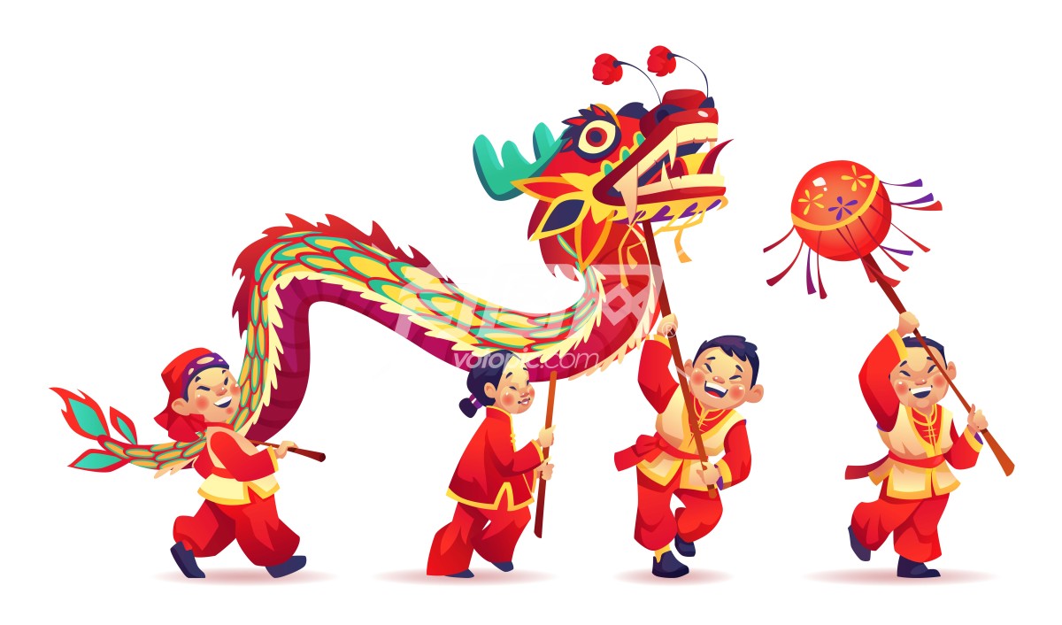 矢量中国新年儿童舞龙插画