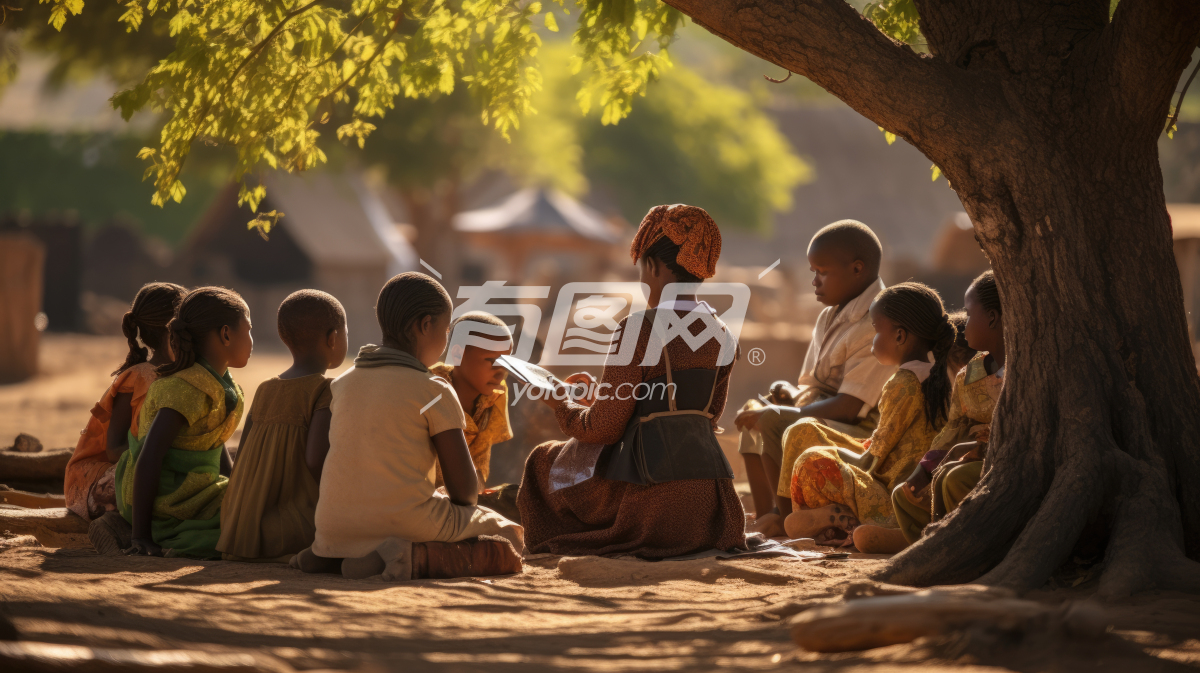 非洲孩子在树旁上课