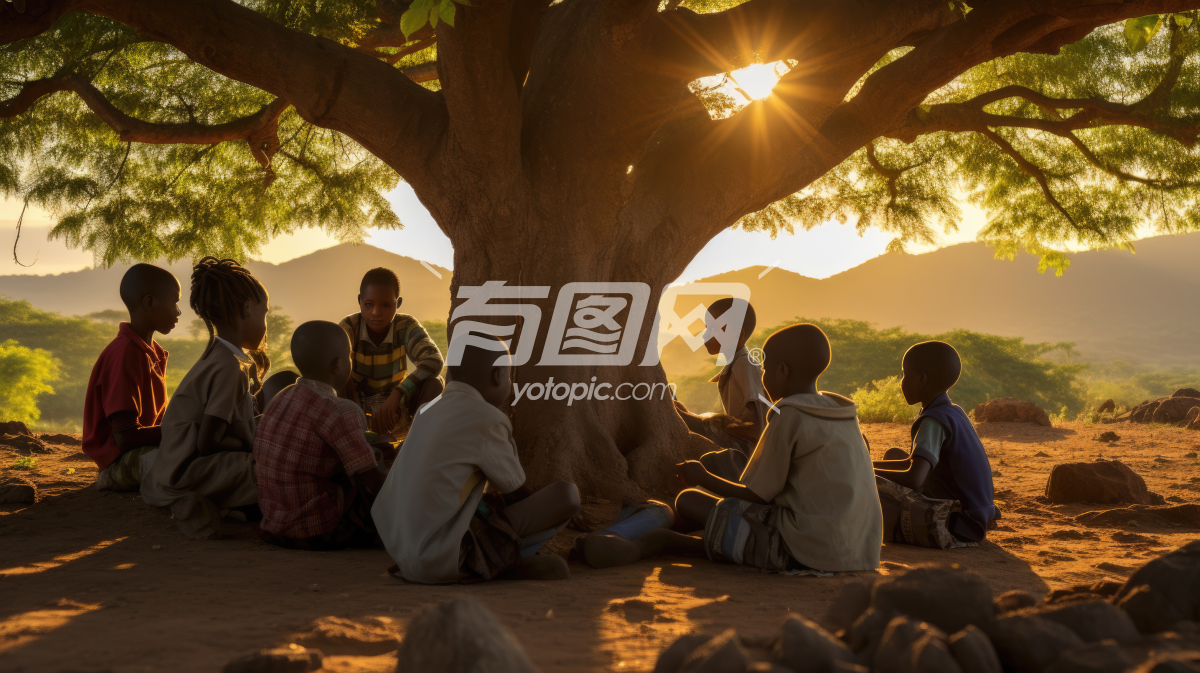 非洲孩子在树旁上课