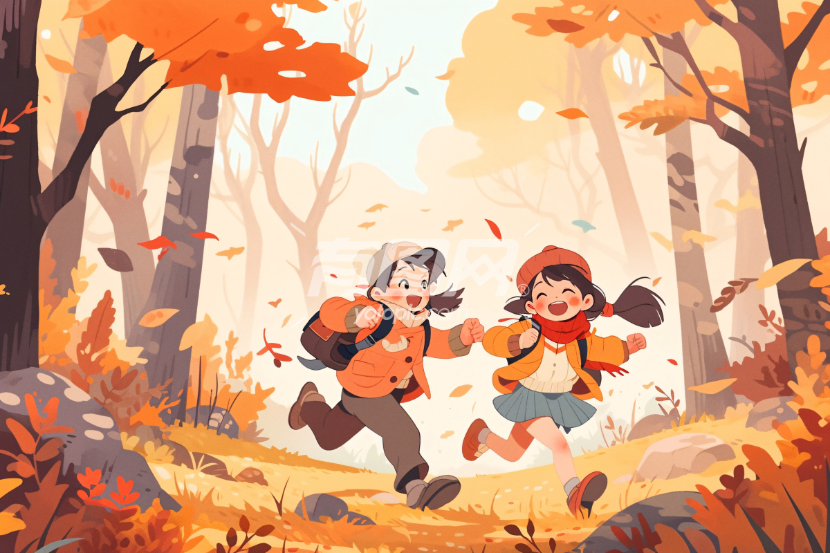 秋天奔跑在树林里孩子