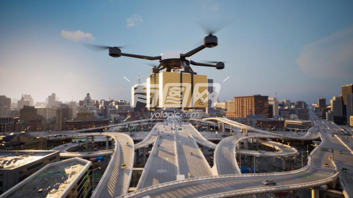 3D渲染无人机在城市上空送货