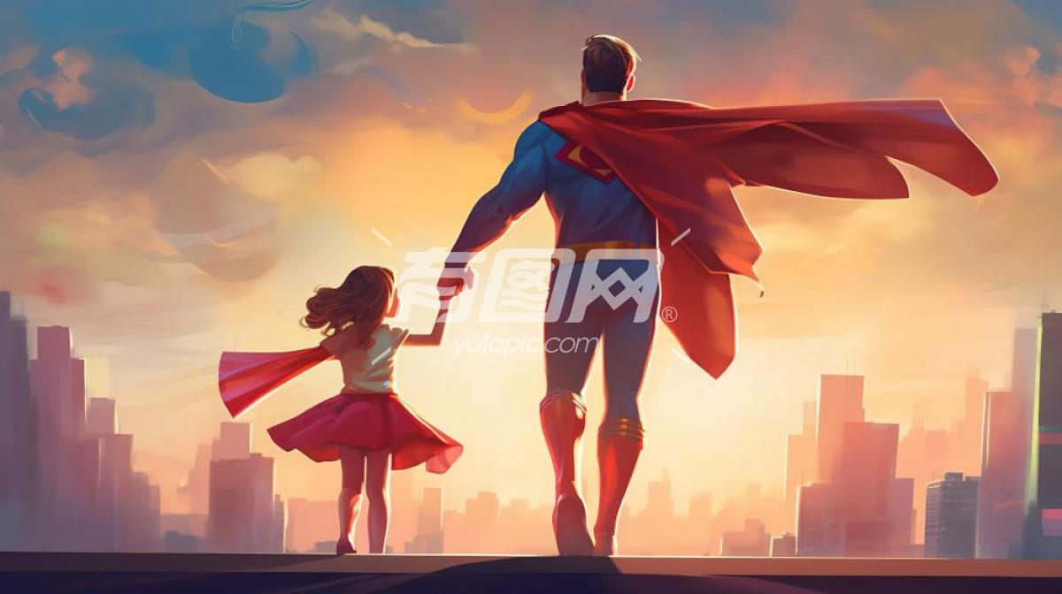 超级英雄牵着女儿