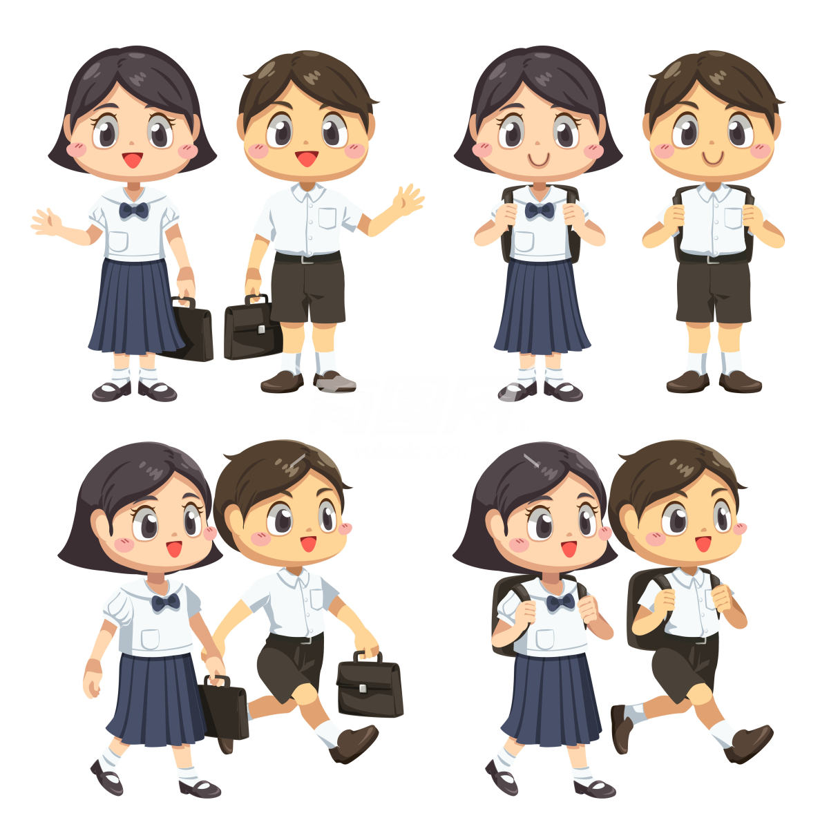 男孩女孩穿着制服背书包去上学