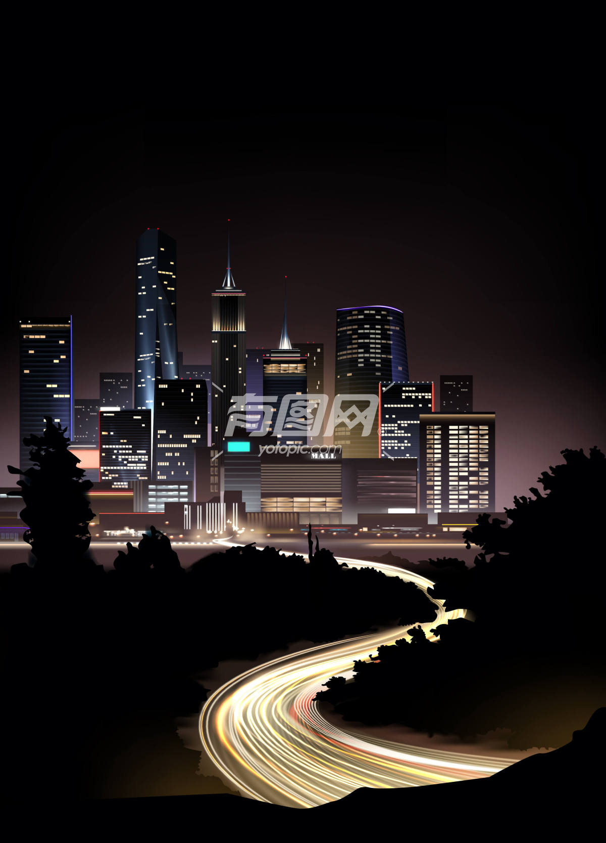 摩天大楼的城市夜景汽车灯光的道路