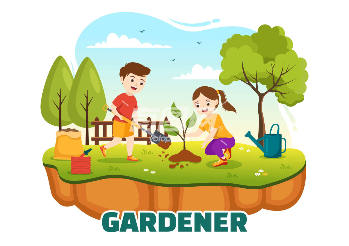 卡通男孩女孩在花园栽植