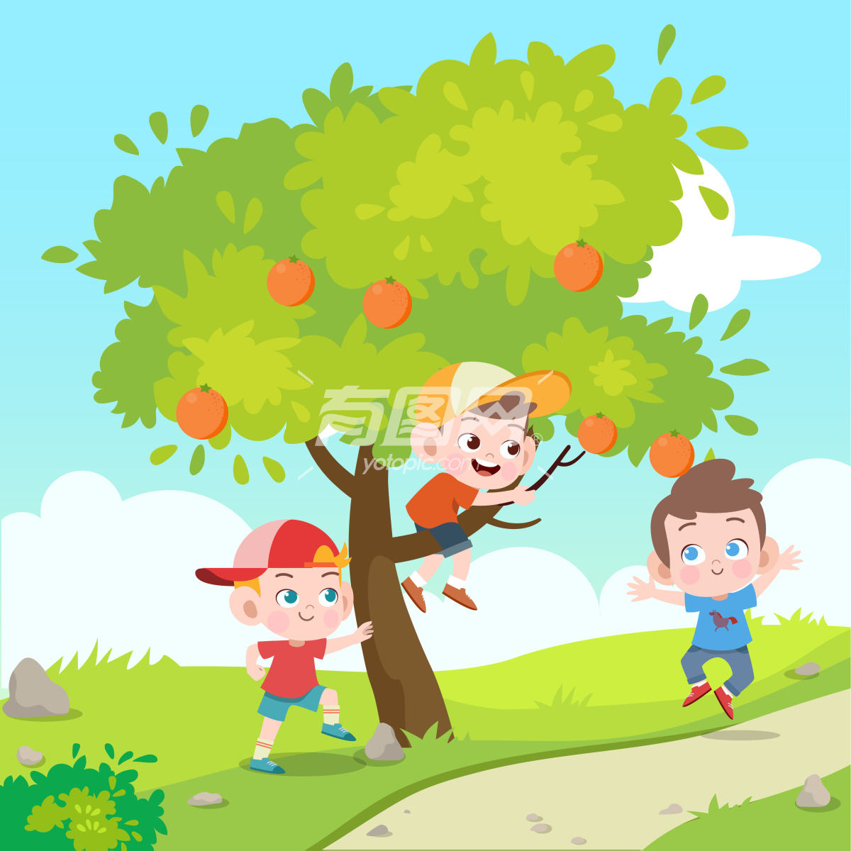 卡通儿童爬果树上摘果子