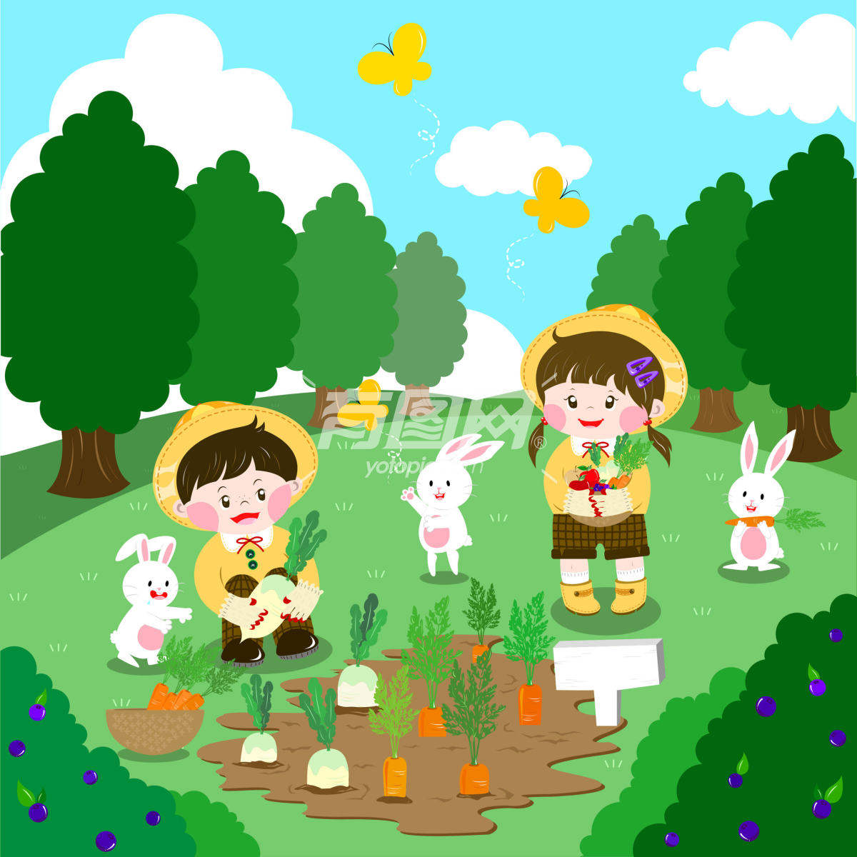 可爱的卡通儿童在农场菜园拔萝卜