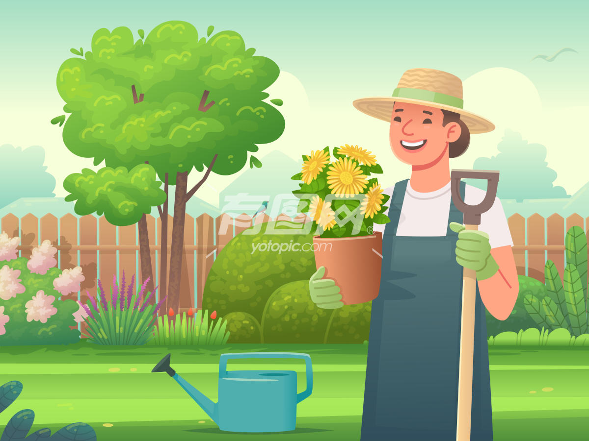 快乐的园丁穿着围裙帽拿着花盆铲子