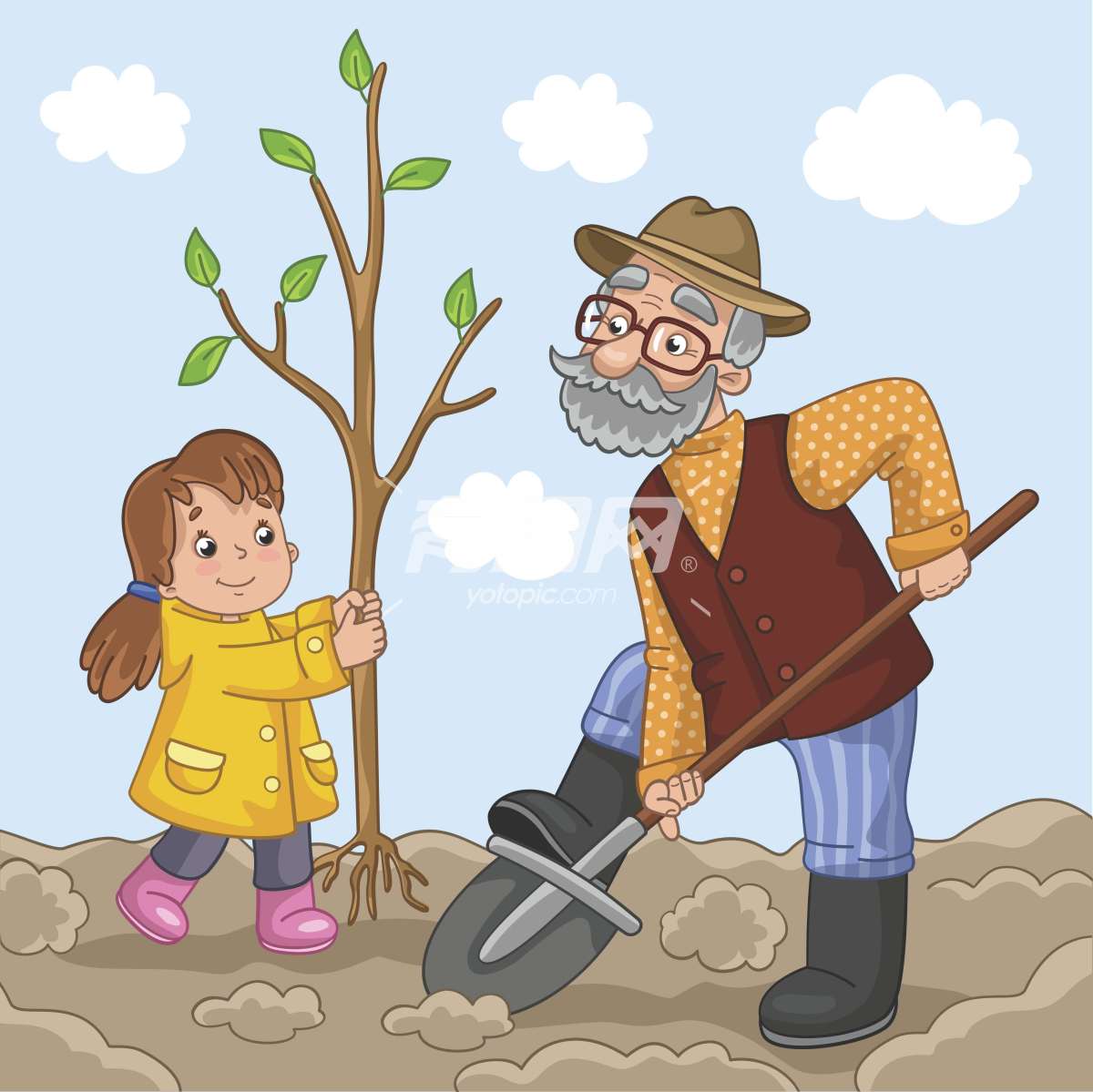 爷爷和孙女一起种树