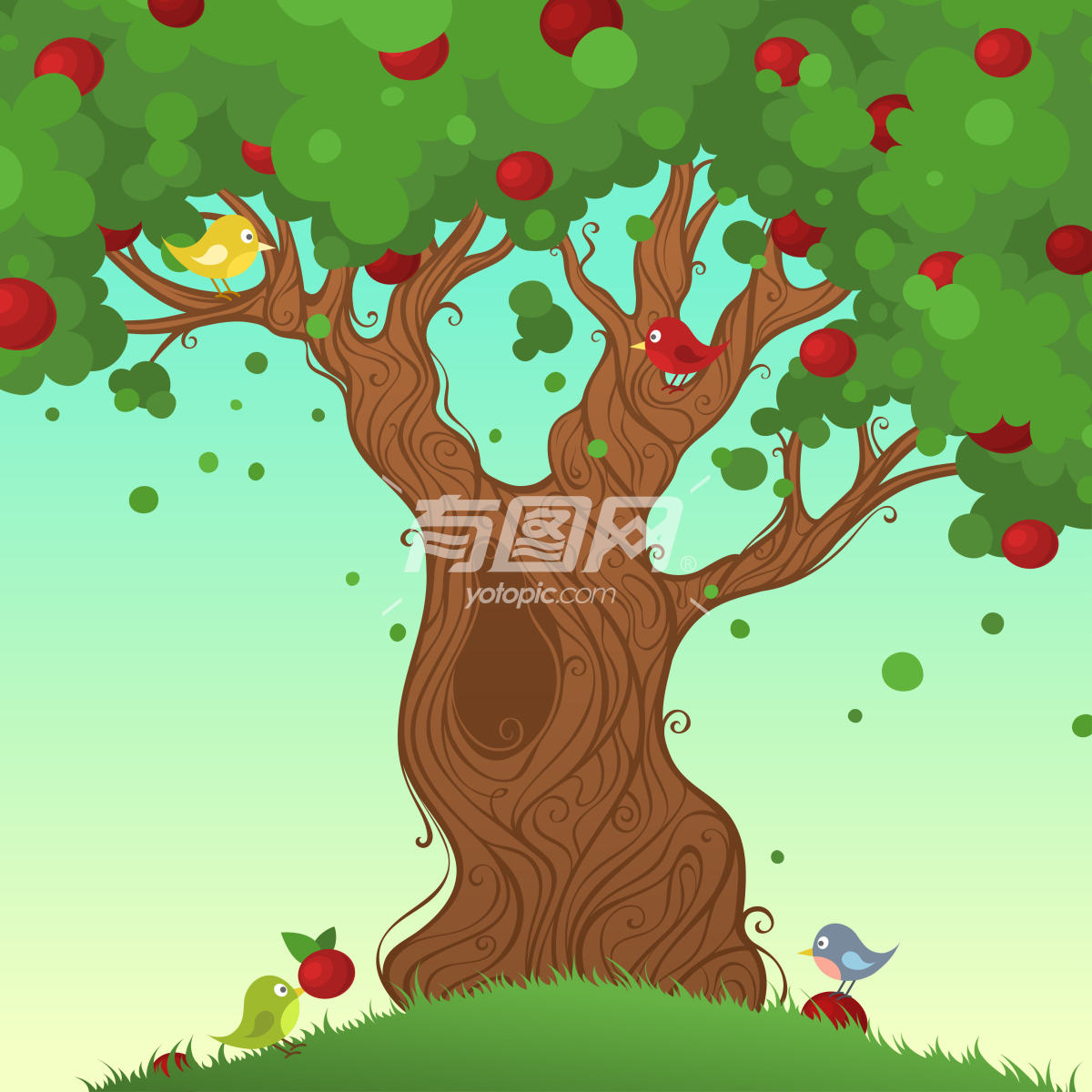 夏季红苹果树插画