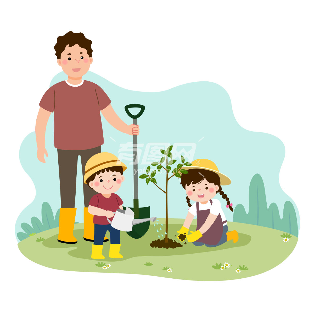 卡通快乐的孩子帮父亲种树