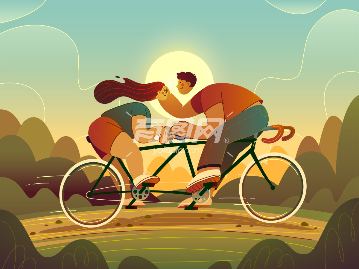 情侣骑双人自行车插画