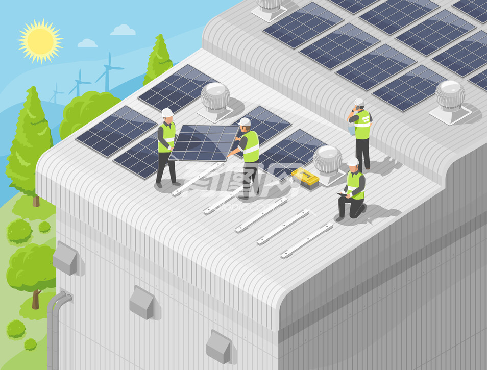 光伏新能源科技工人安装太阳能板插画