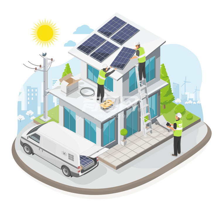 光伏新能源科技工人安装太阳能板插画