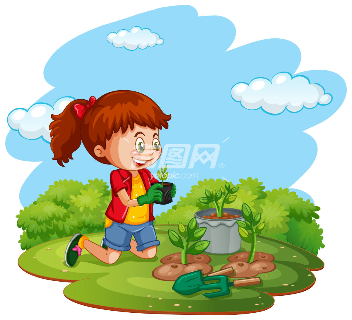 卡通女孩在花园里种树的场景