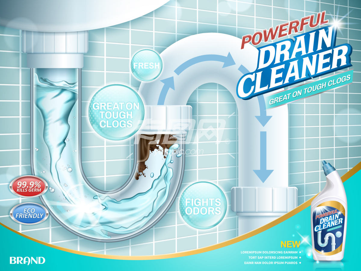3D立体下水道清洁剂广告海报