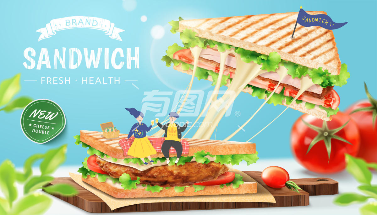 3D立体鸡肉三明治广告
