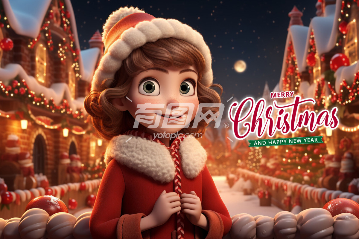 圣诞节快乐 3D圣诞女孩插画