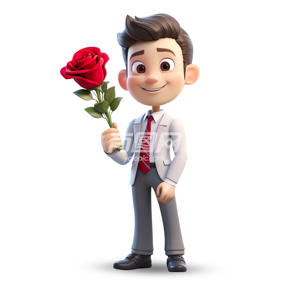 3D卡通男孩手持玫瑰花