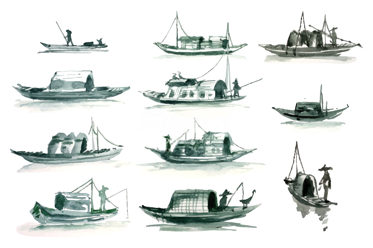 水墨画渔船