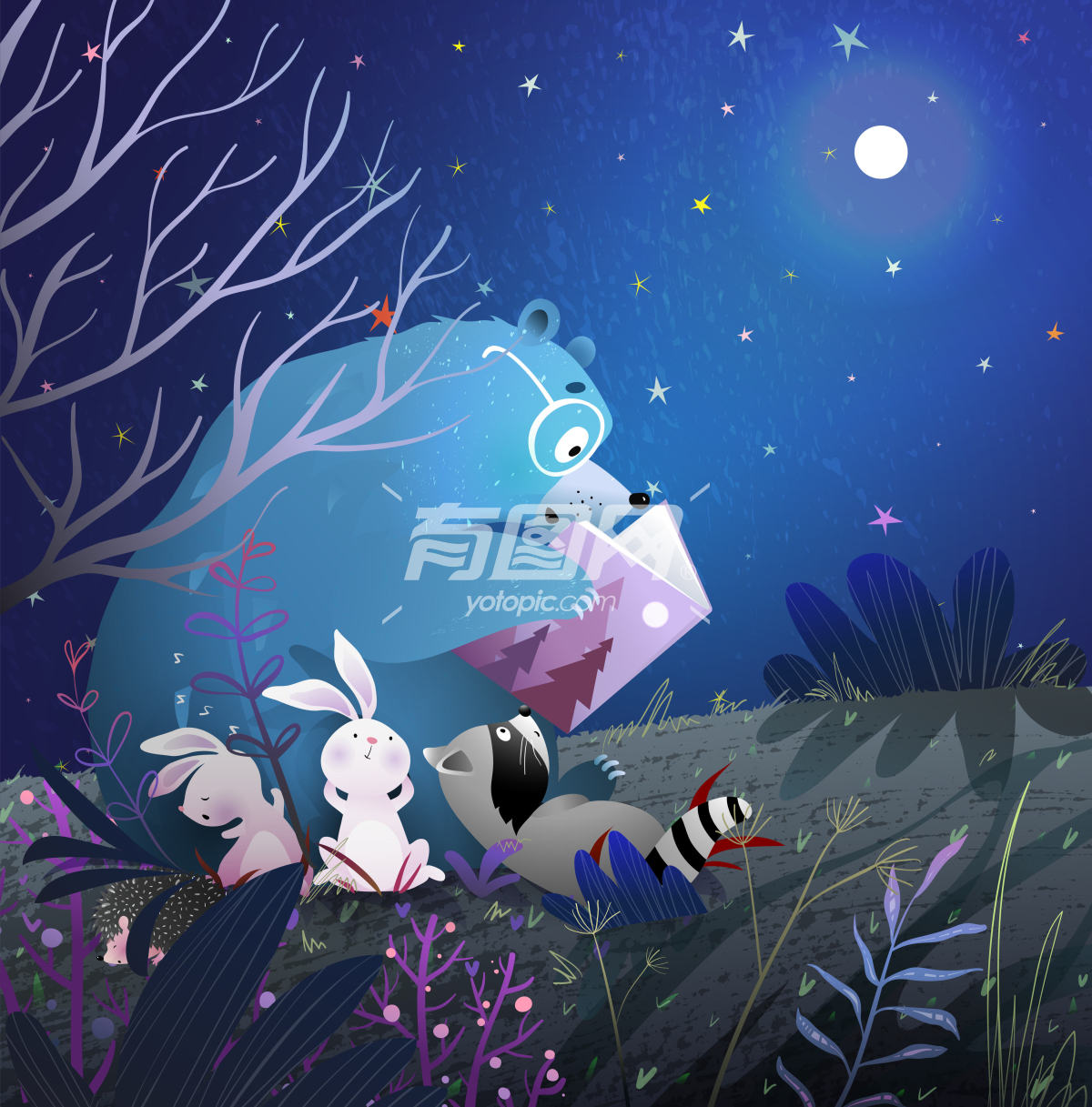夜空下可爱动物阅读童话