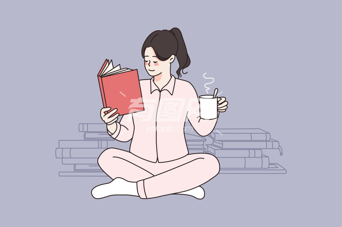女孩在喝茶看书