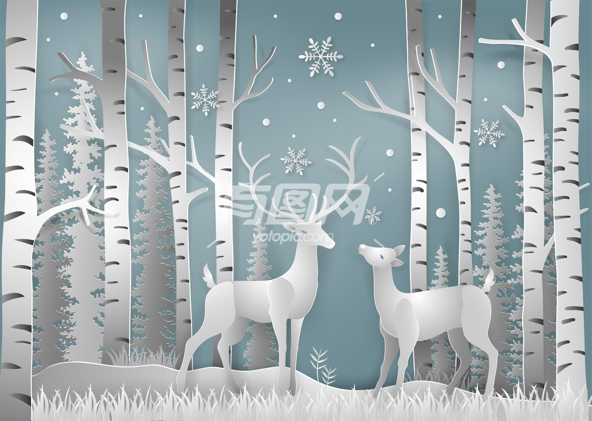 矢量雪景麋鹿森林插画
