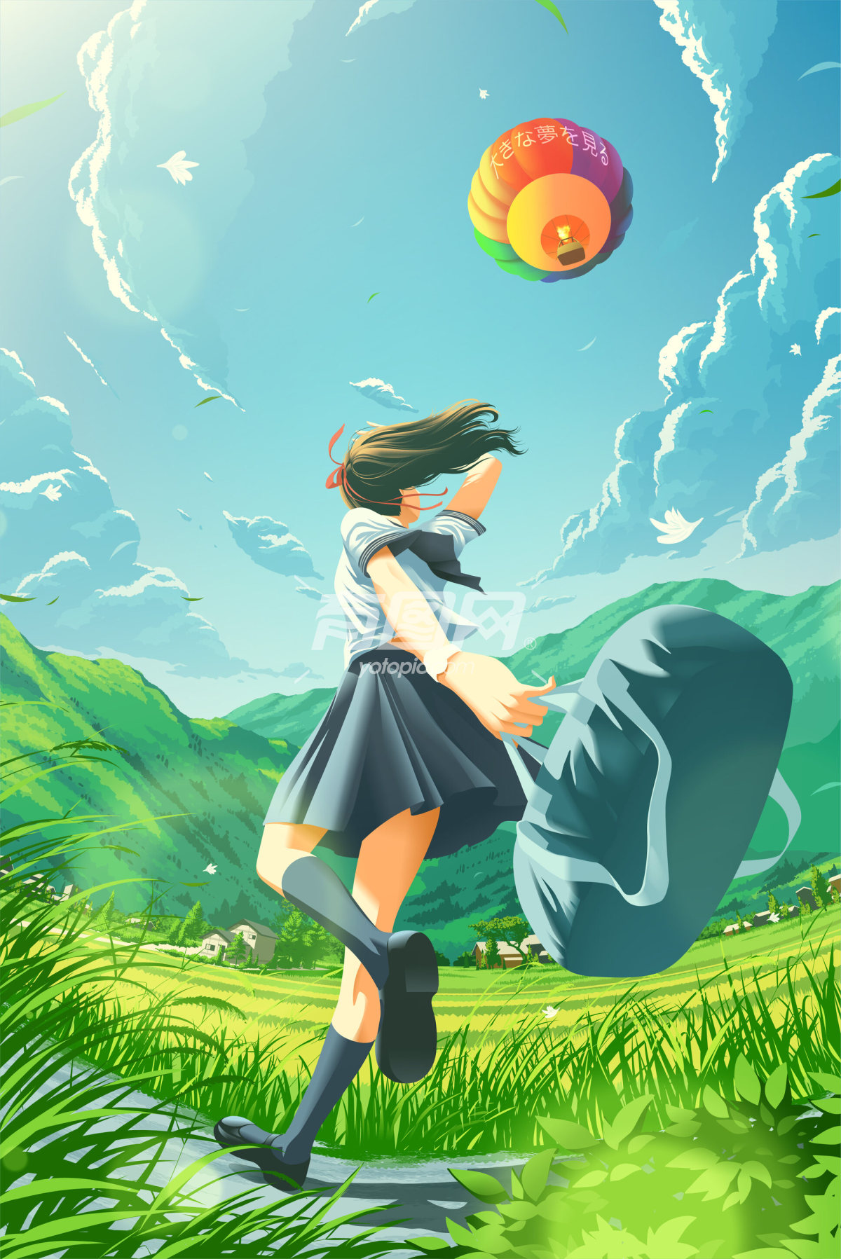 田野女孩热气球插画