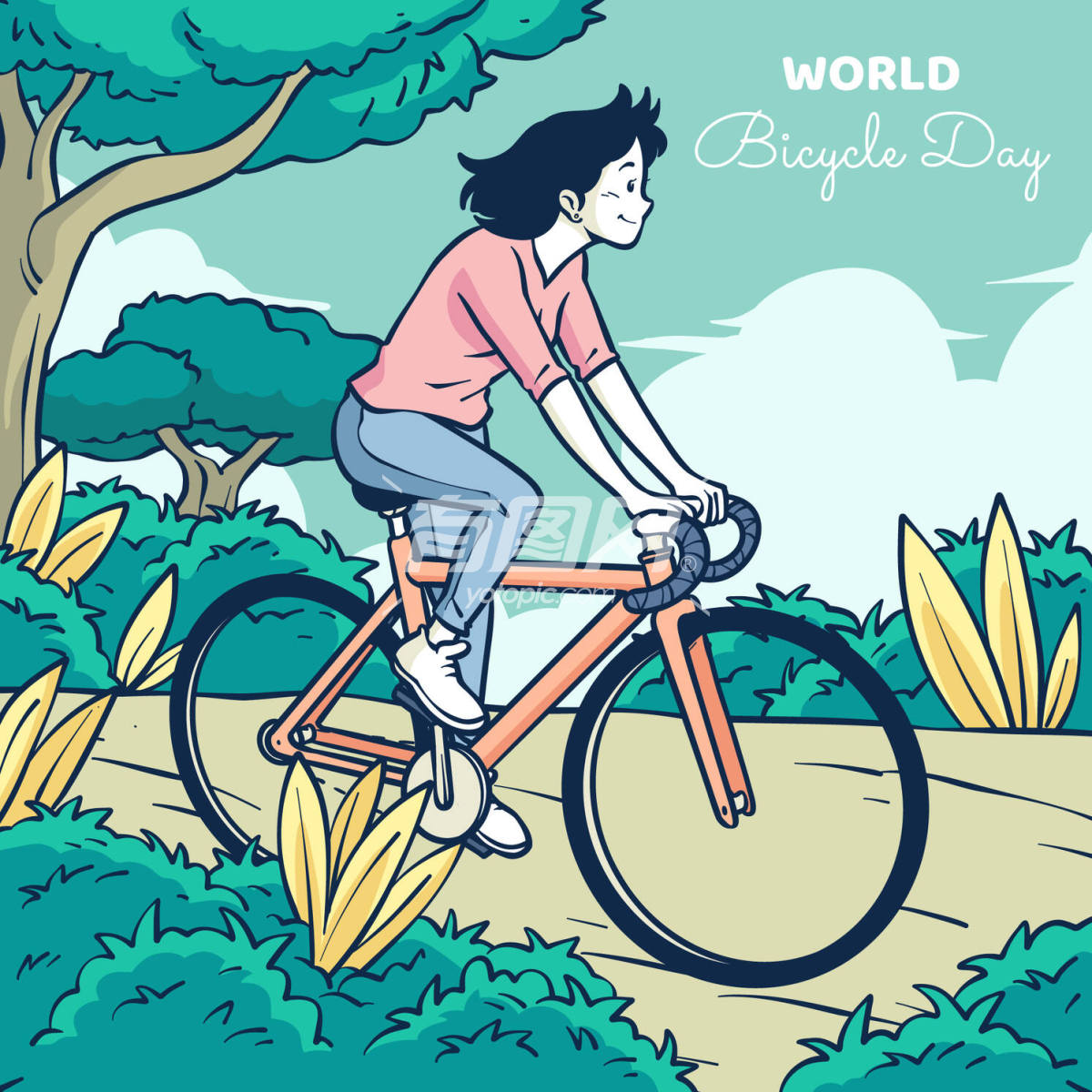 手绘世界自行车日插画