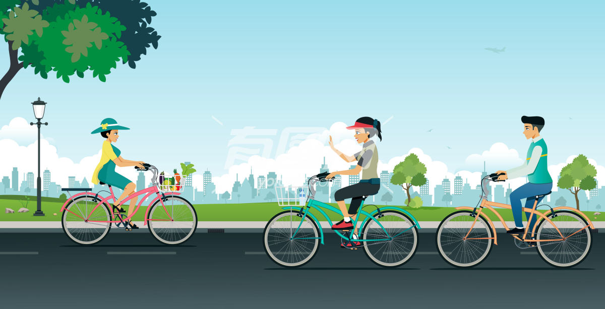 城市道路男人和女人骑自行车