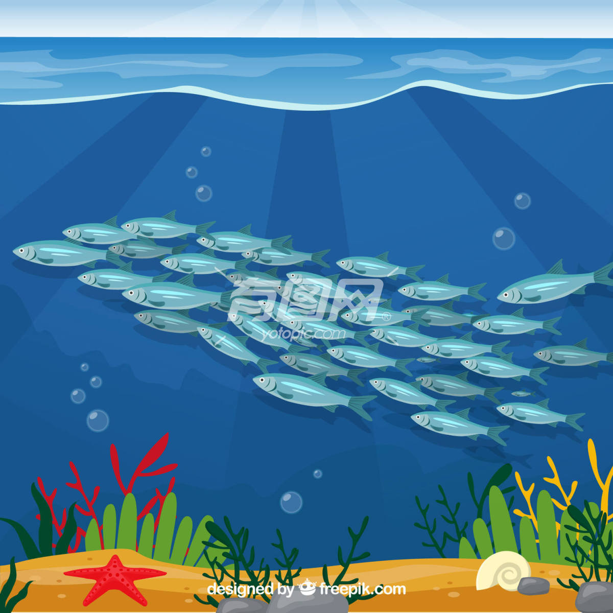 深海平面风格的鱼群背景