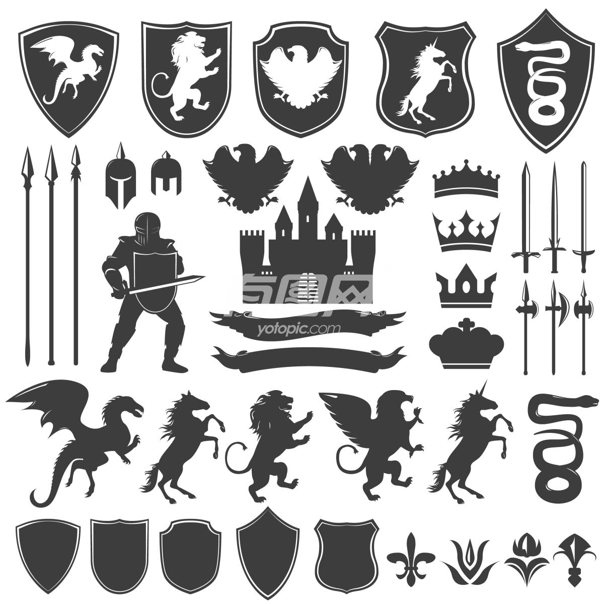 矢量剑和盾剪影标志