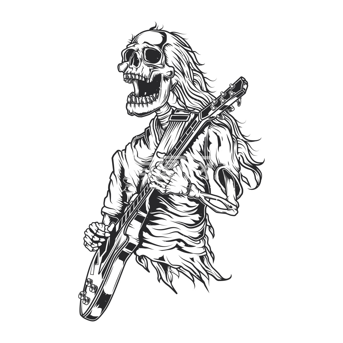 黑白手绘弹奏吉他的骷髅