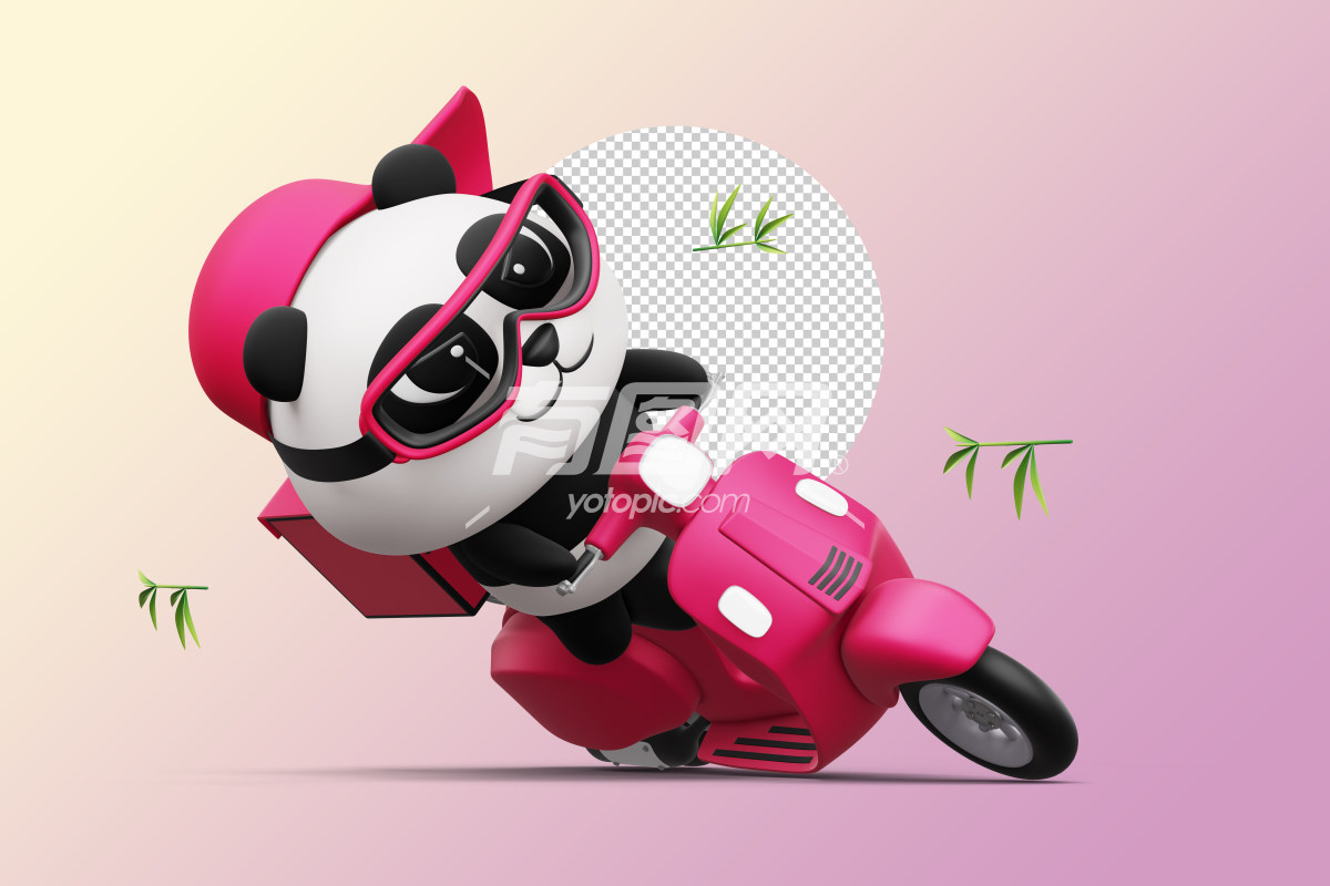 3D渲染熊猫骑摩托车