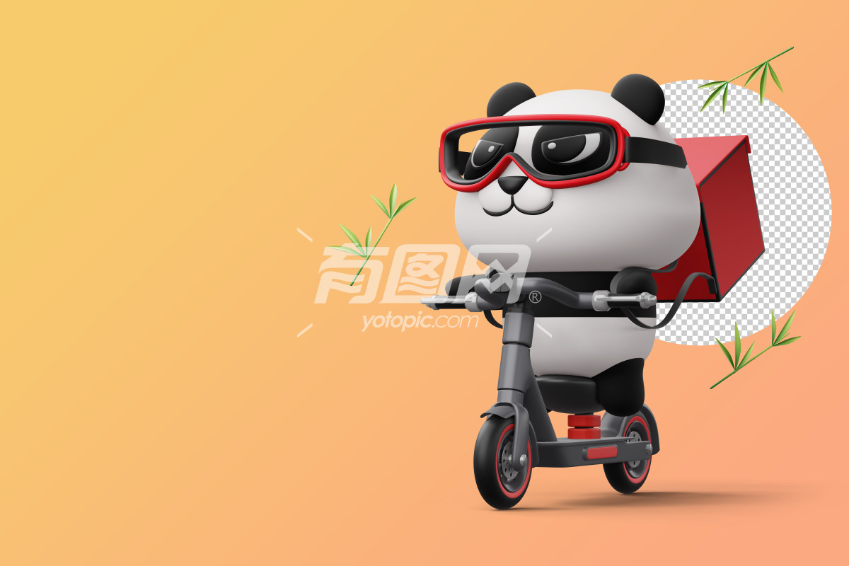 3D渲染熊猫骑摩托车