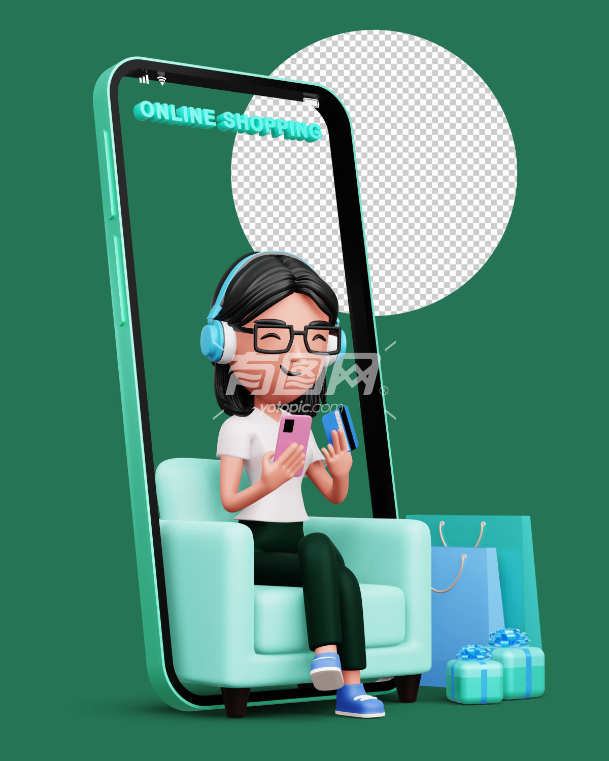 3D渲染开心女人用手机轻松购物