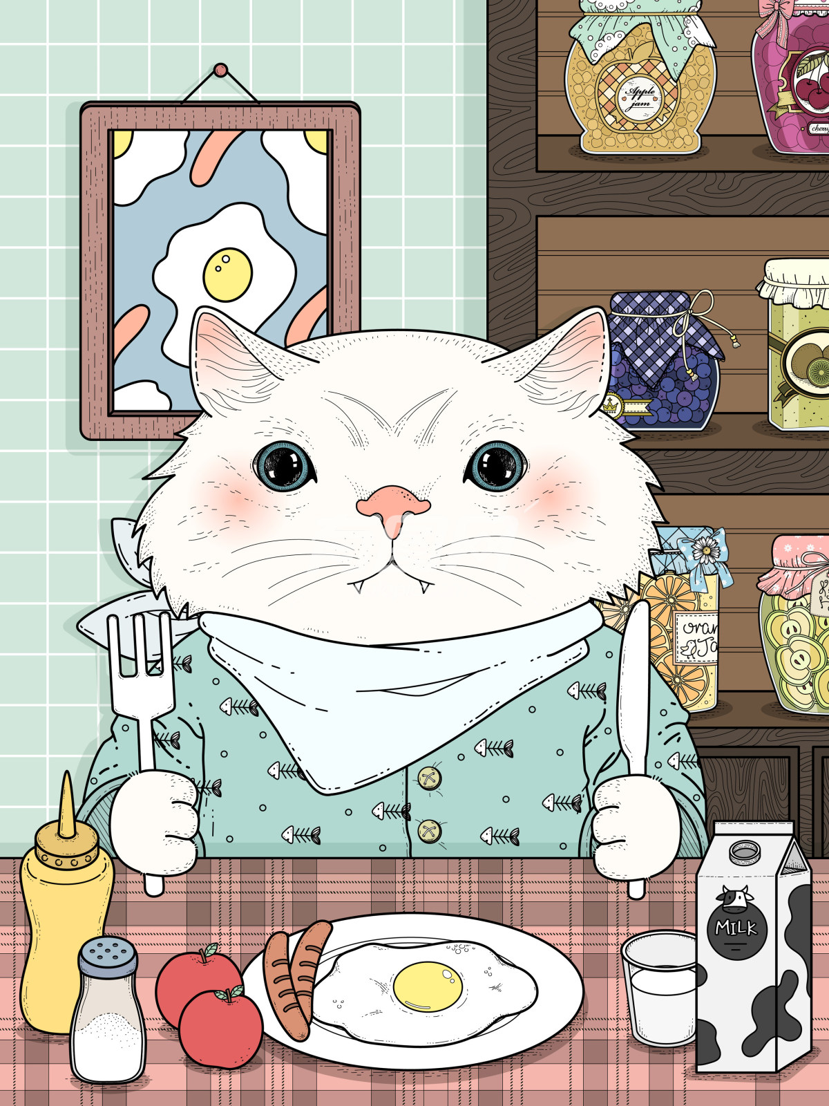 穿着围嘴白色猫咪坐在餐桌前
