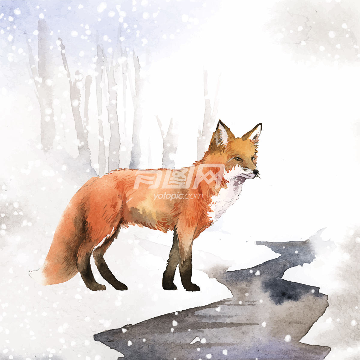 雪天手绘狐狸水彩风格