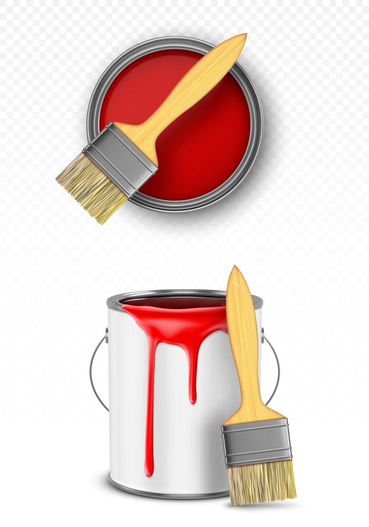红色油漆桶和两把刷子