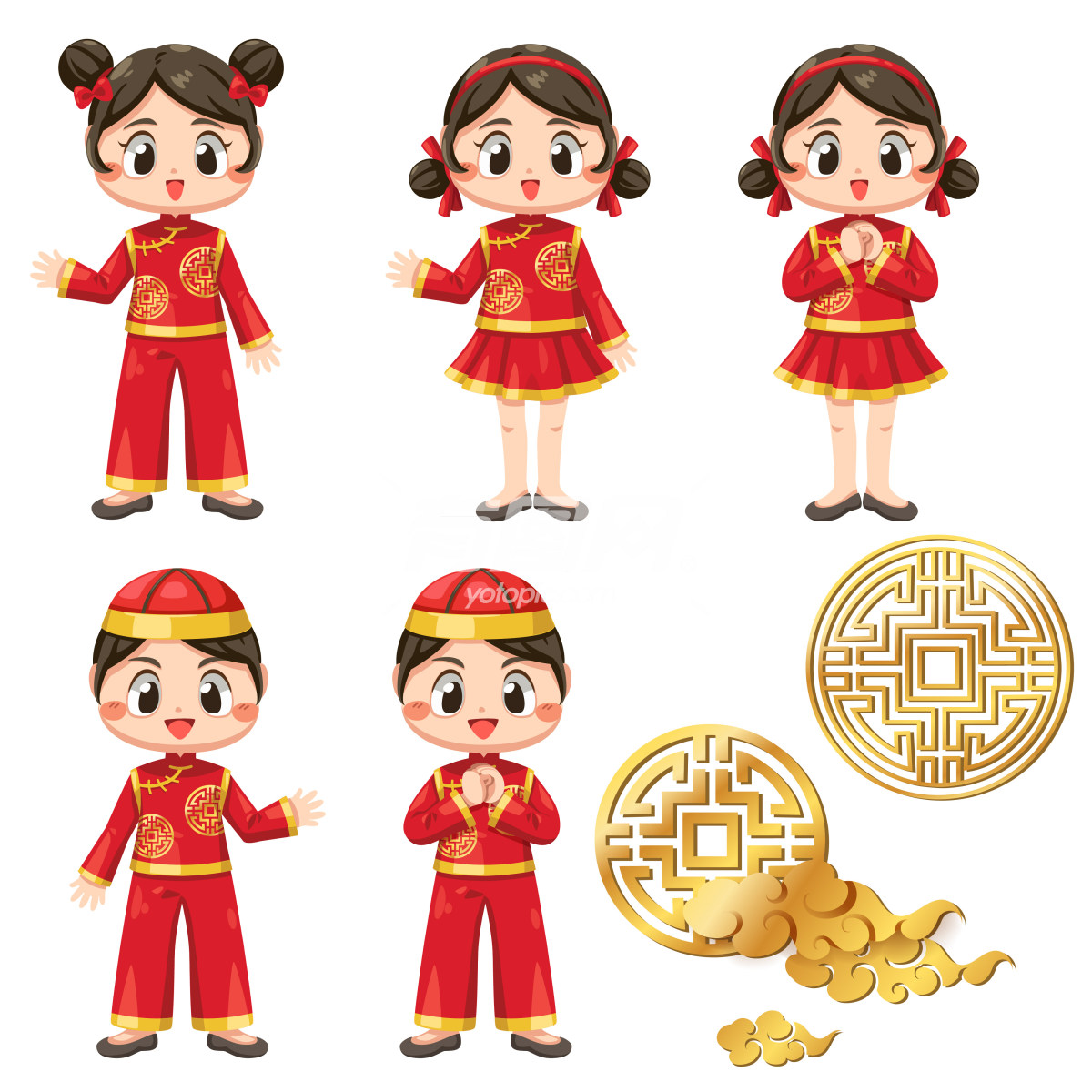 中国传统服装卡通插画