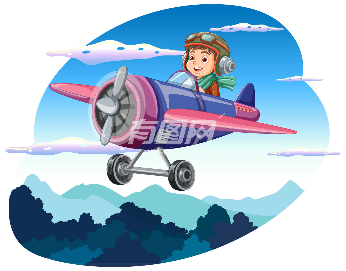 小男孩驾驶飞机的插画