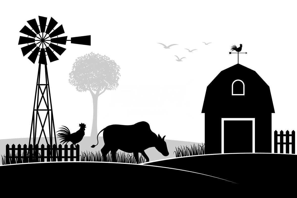黑白剪影风格的农场场景插画