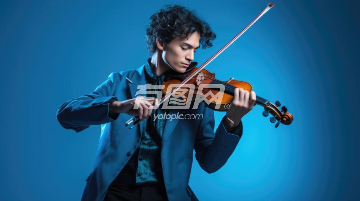 音乐家在蓝色背景下演奏小提琴