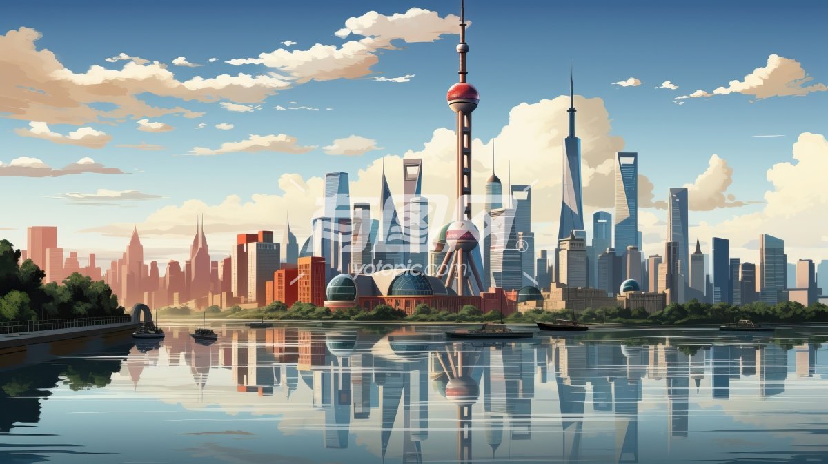 上海城市风光动漫风格插画