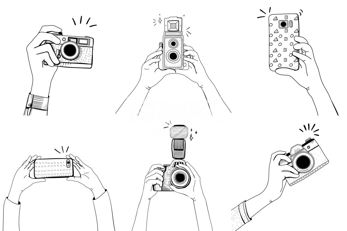 手绘插画中的相机与手机