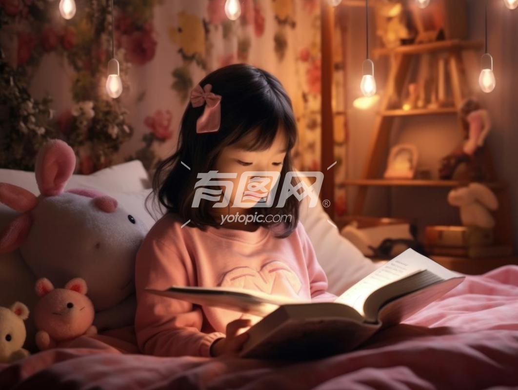 小女孩在床上阅读