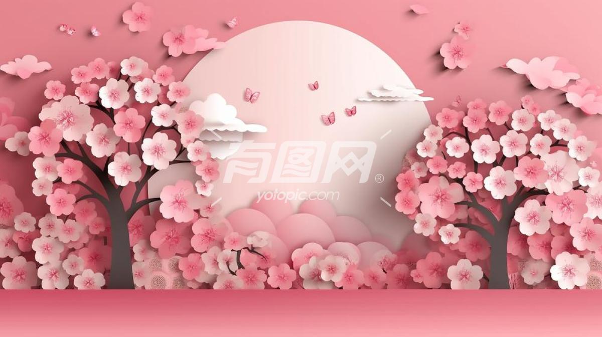粉色樱花纸雕插画背景