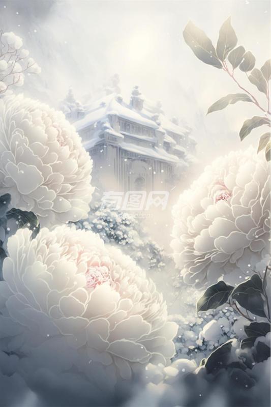 雪景中的建筑与花卉